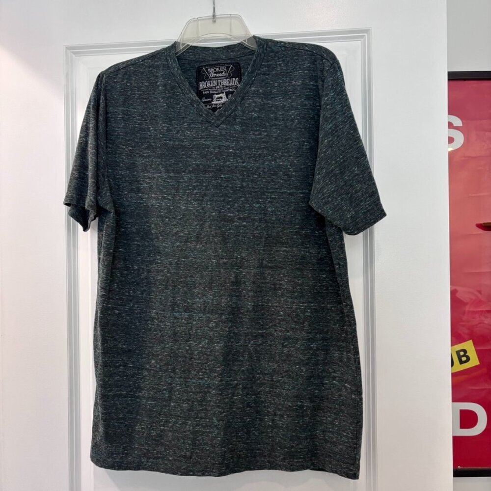 Men's Broken Threads Heather Teal Green V Neck T Shirt